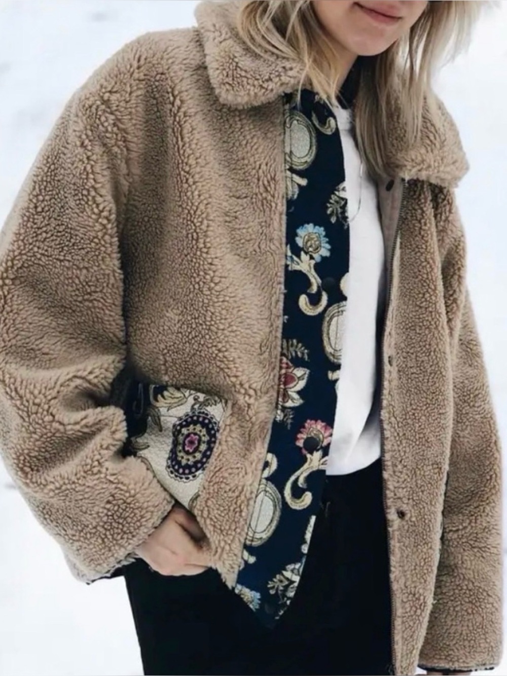 Moon River Contrast Faux Fur Shearling Bomber Jacket Sz Large